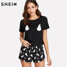 SHEIN Sleepwear Women Casual Two Piece Set Summer Black Short Sleeve Snowman Print Tee Shirt and Shorts Pajama Set