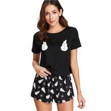 SHEIN Sleepwear Women Casual Two Piece Set Summer Black Short Sleeve Snowman Print Tee Shirt and Shorts Pajama Set