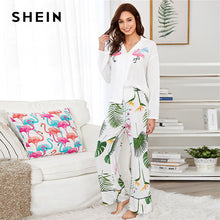 SHEIN Animal, Letter Blouse & Tropical Tipping Pants Pajamas Set 2018 Spring Women Turn-down Collar Long Sleeve Casual Nightwear