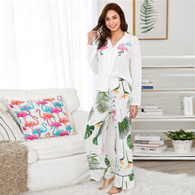 SHEIN Animal, Letter Blouse & Tropical Tipping Pants Pajamas Set 2018 Spring Women Turn-down Collar Long Sleeve Casual Nightwear